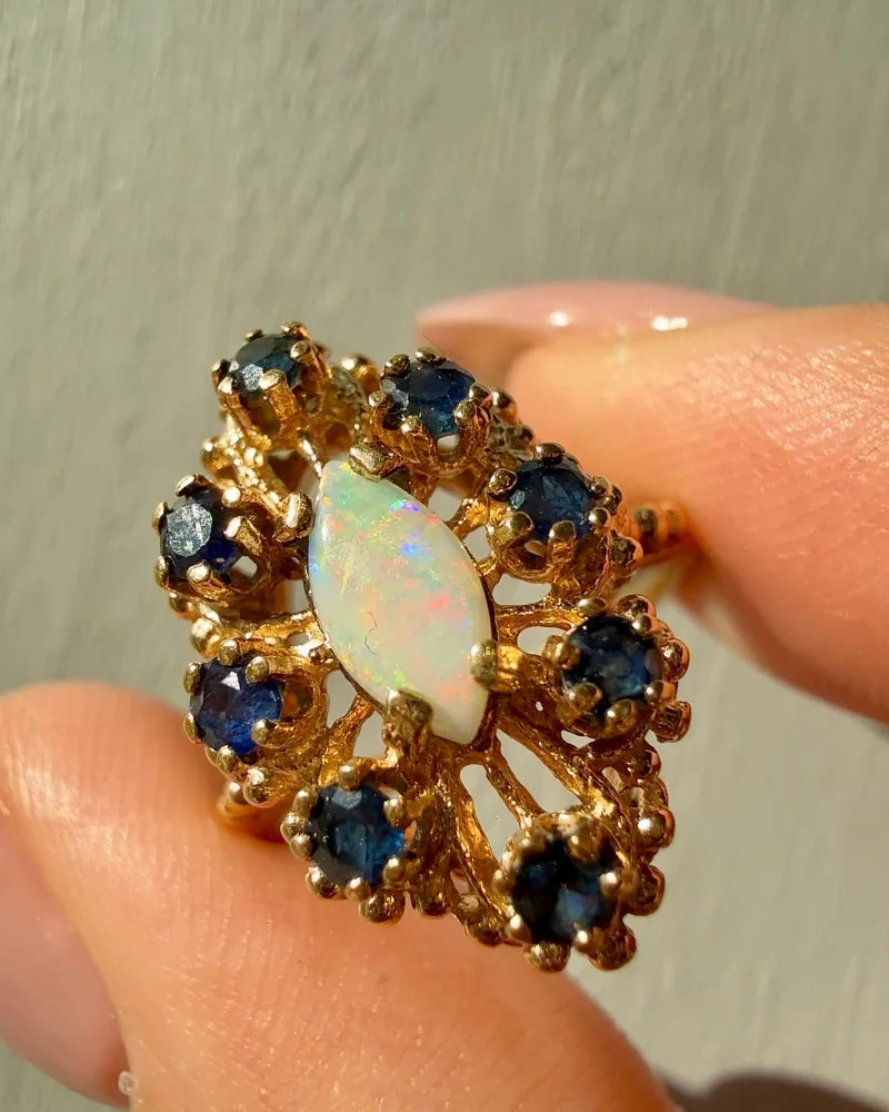 Vintage Opal Sapphire Halo Ring | 10K Gold - 10K Gold - Free shipping - 4