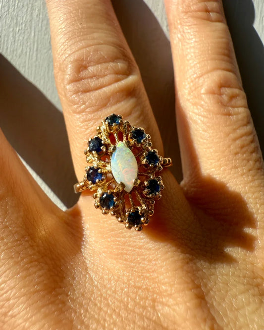 Vintage Opal Sapphire Halo Ring | 10K Gold - 10K Gold - Free shipping - 2