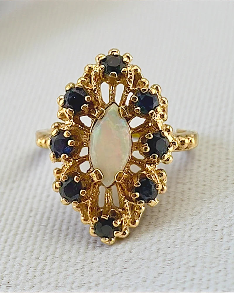 Vintage Opal Sapphire Halo Ring | 10K Gold - 10K Gold - Free shipping - 1