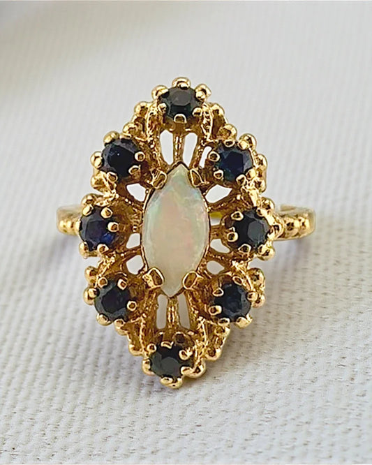 Vintage Opal Sapphire Halo Ring | 10K Gold - 10K Gold - Free shipping - 1