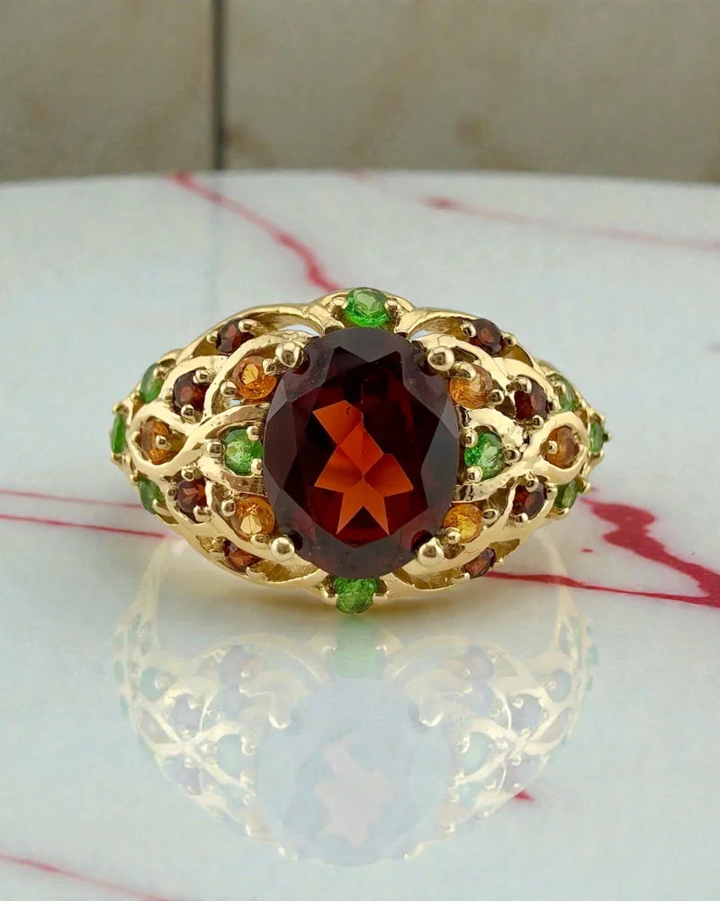 Vintage Pyrope Garnet Cluster Ring - 10K Gold with Hessonite + Tsavorite Accents - 10K Gold - Free shipping - 1