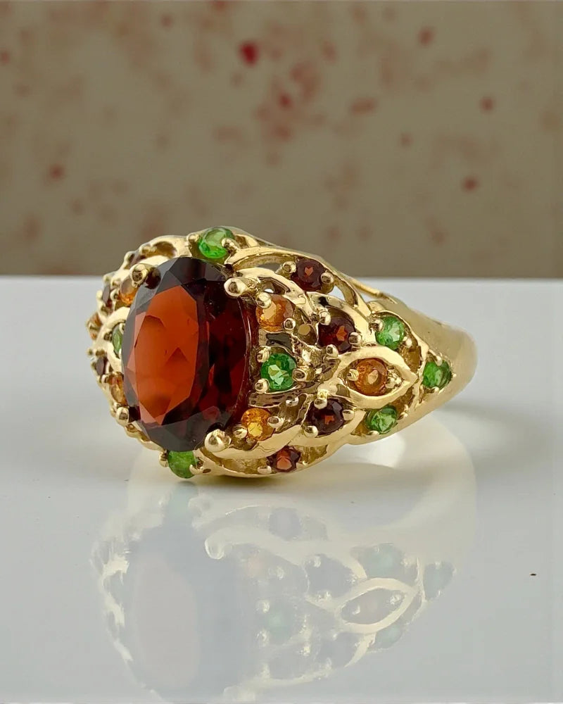 Vintage Pyrope Garnet Cluster Ring - 10K Gold with Hessonite + Tsavorite Accents - 10K Gold - Free shipping - 3