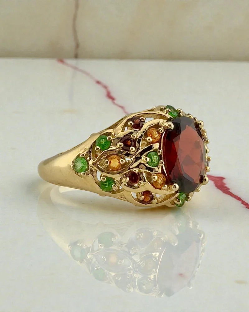 Vintage Pyrope Garnet Cluster Ring - 10K Gold with Hessonite + Tsavorite Accents - 10K Gold - Free shipping - 4