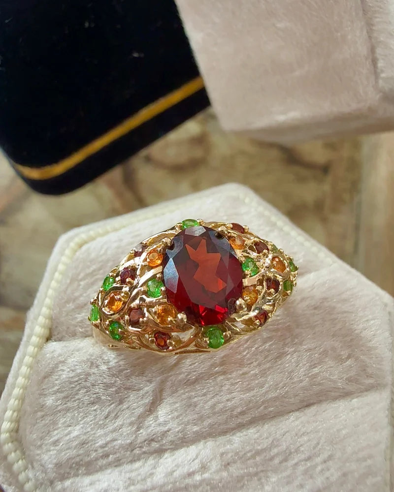 Vintage Pyrope Garnet Cluster Ring - 10K Gold with Hessonite + Tsavorite Accents - 10K Gold - Free shipping - 7