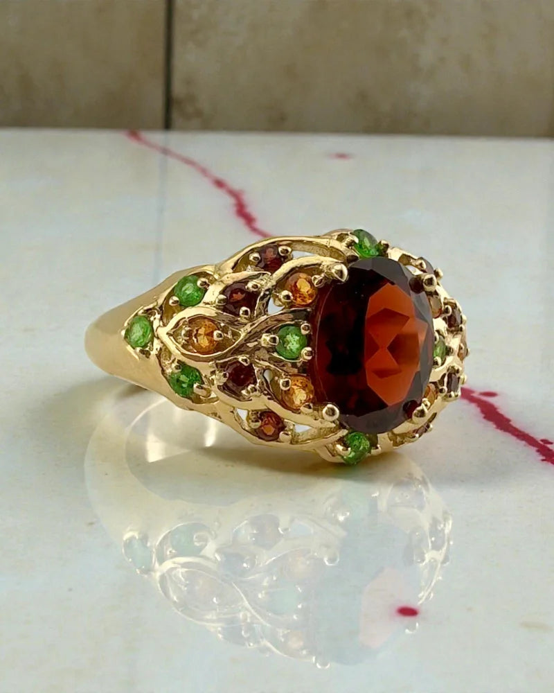 Vintage Pyrope Garnet Cluster Ring - 10K Gold with Hessonite + Tsavorite Accents - 10K Gold - Free shipping - 5