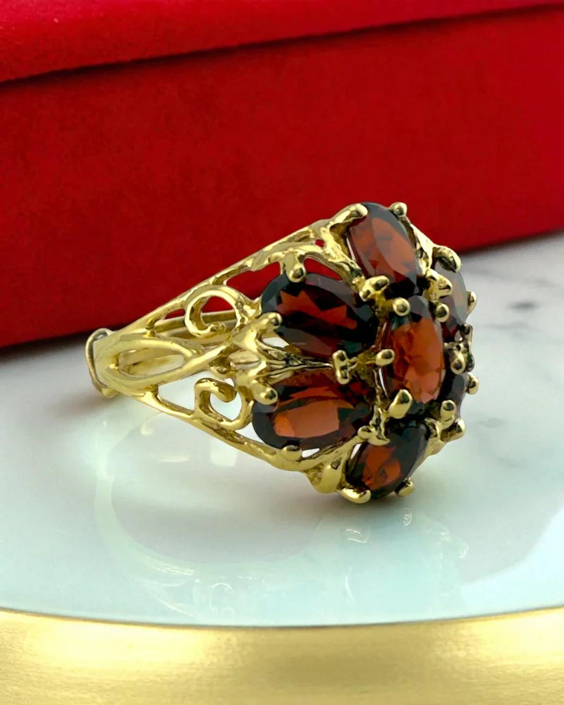 Vintage Red Garnet Filigree Gold Ring - 14K Solid Gold - Free shipping - 3