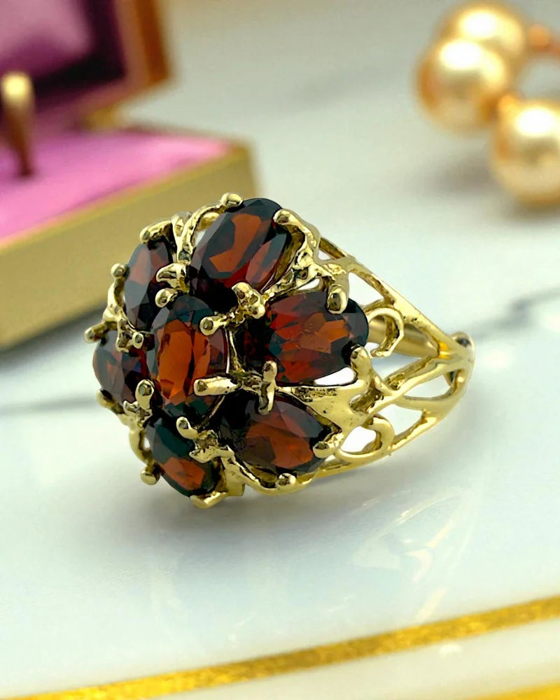 Vintage Red Garnet Filigree Gold Ring - 14K Solid Gold - Free shipping - 2