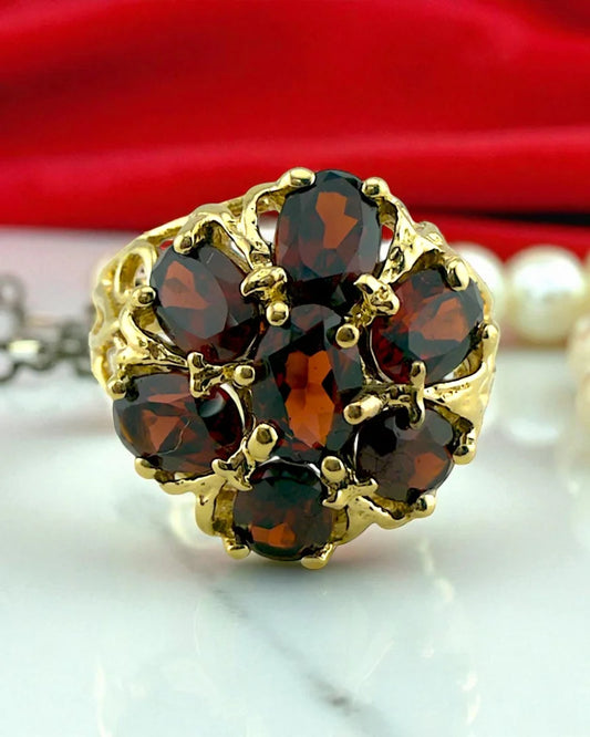 Vintage Red Garnet Filigree Gold Ring - 14K Solid Gold - Free shipping - 1