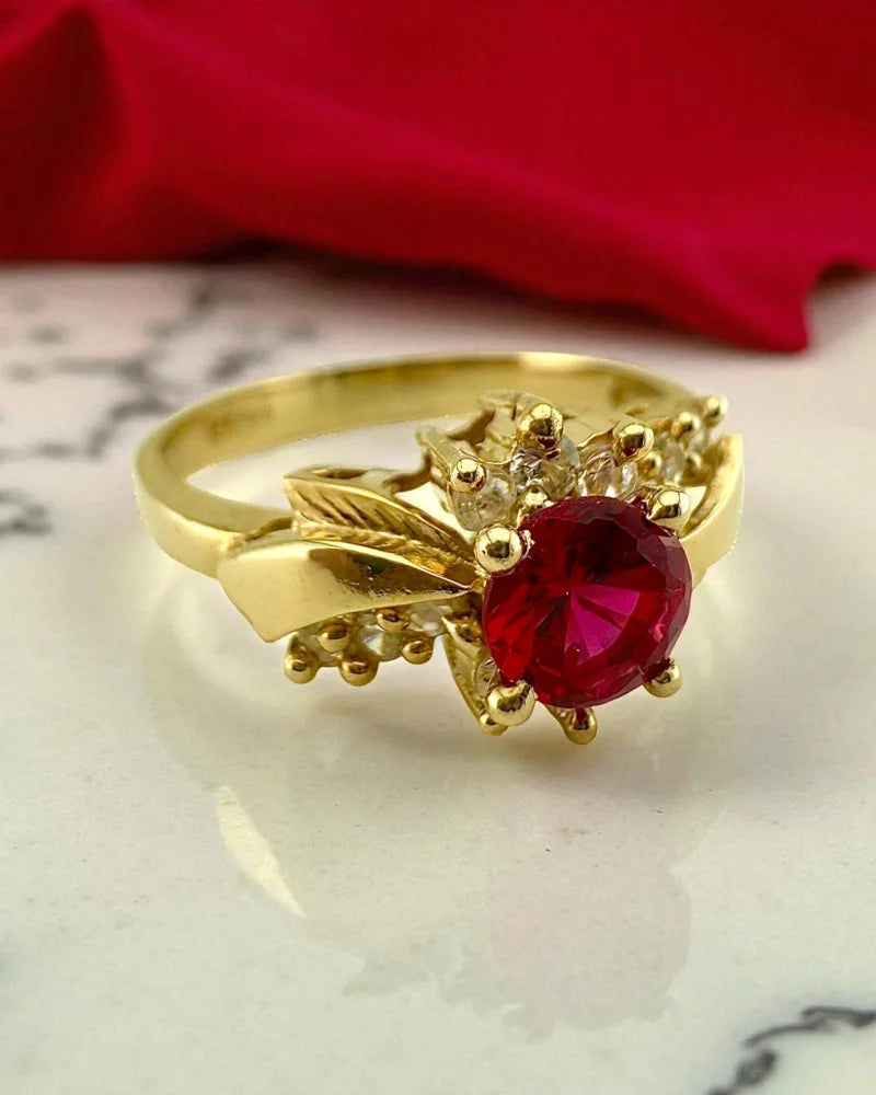 Vintage Red Sapphire and Diamond Ring - 10K Gold - Free shipping - 2