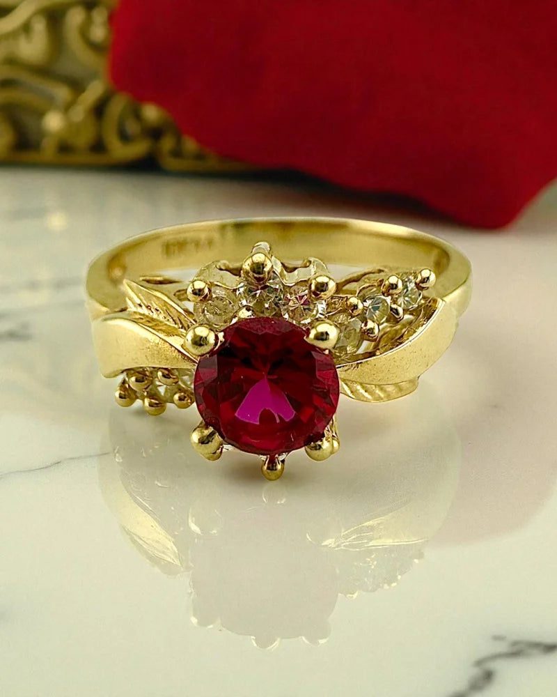 Vintage Red Sapphire and Diamond Ring - 10K Gold - Free shipping - 1