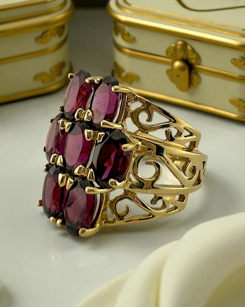 Vintage Rhodolite Garnet Cluster Ring in 10K Gold - 10K Gold - Free shipping - 4