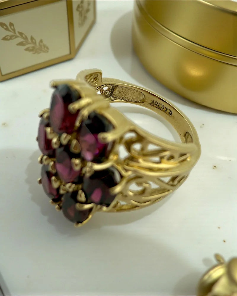 Vintage Rhodolite Garnet Cluster Ring in 10K Gold - 10K Gold - Free shipping - 10