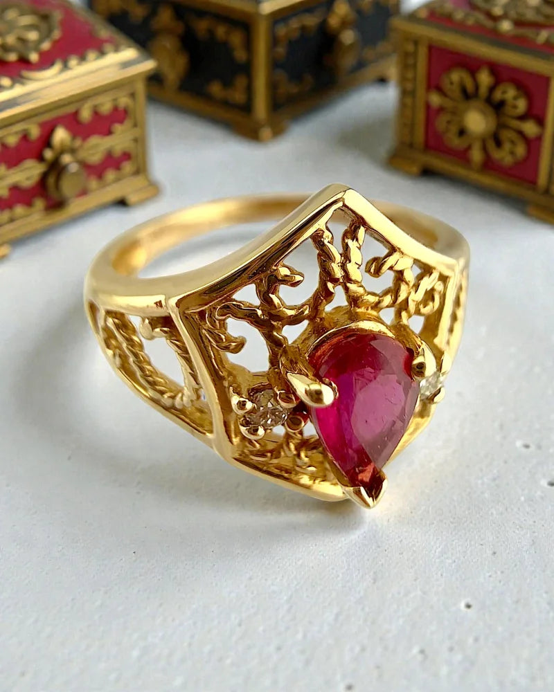 Vintage Ruby Diamond Ring in 14K Gold Filigree Ring - 14K Solid Gold - Free shipping - 8