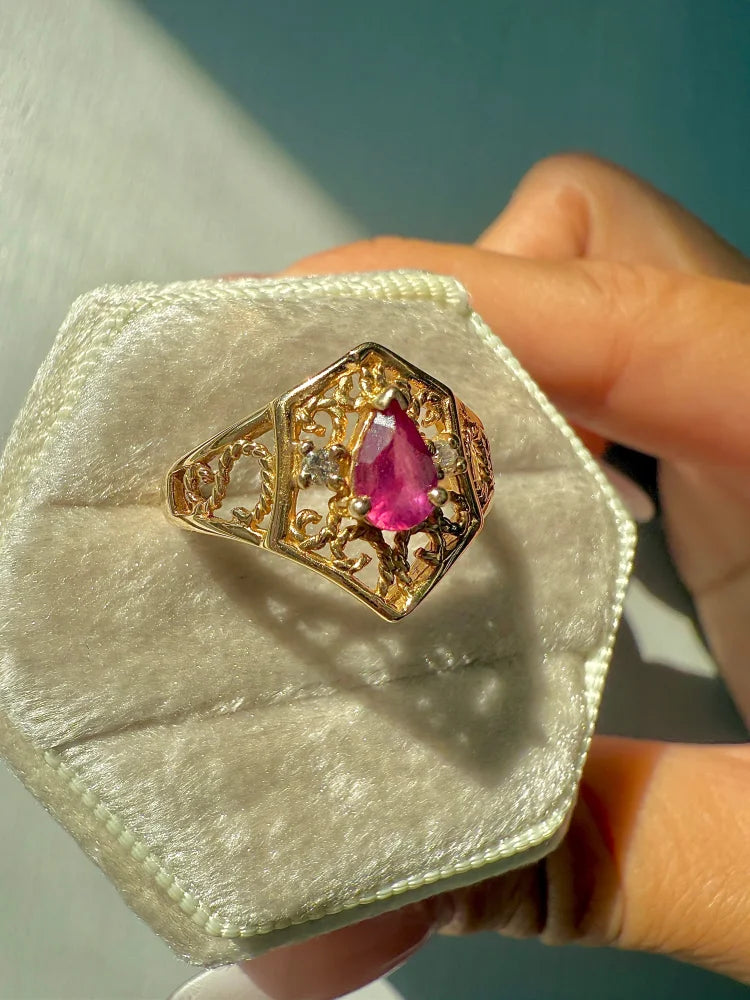 Vintage Ruby Diamond Ring in 14K Gold Filigree Ring - 14K Solid Gold - Free shipping - 6