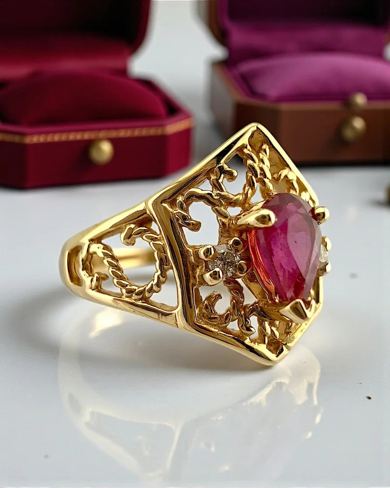 Vintage Ruby Diamond Ring in 14K Gold Filigree Ring - 14K Solid Gold - Free shipping - 3