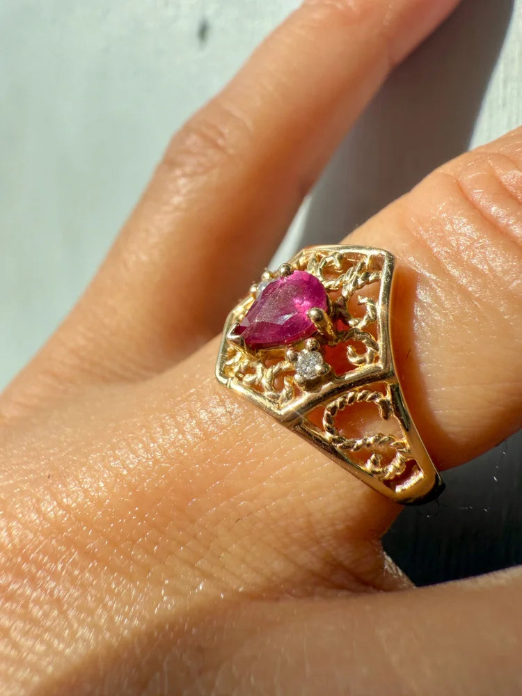 Vintage Ruby Diamond Ring in 14K Gold Filigree Ring - 14K Solid Gold - Free shipping - 4