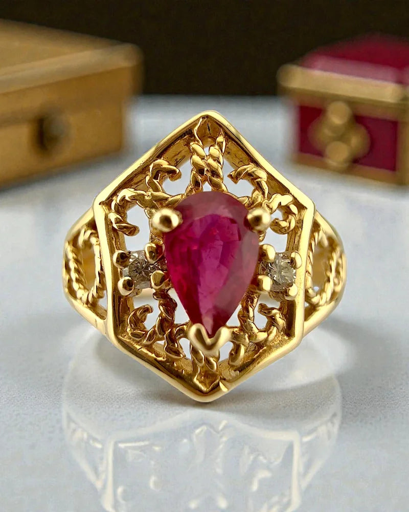 Vintage Ruby Diamond Ring in 14K Gold Filigree Ring - 14K Solid Gold - Free shipping - 1