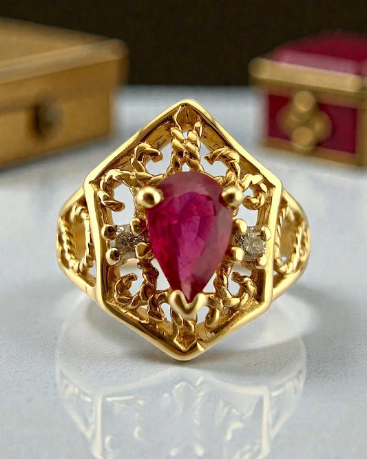 Vintage Ruby Diamond Ring in 14K Gold Filigree Ring - 14K Solid Gold - Free shipping - 1