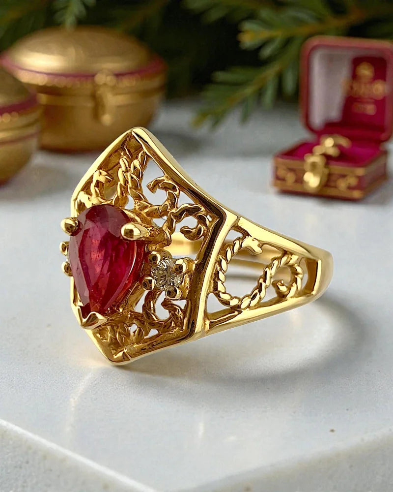 Vintage Ruby Diamond Ring in 14K Gold Filigree Ring - 14K Solid Gold - Free shipping - 5
