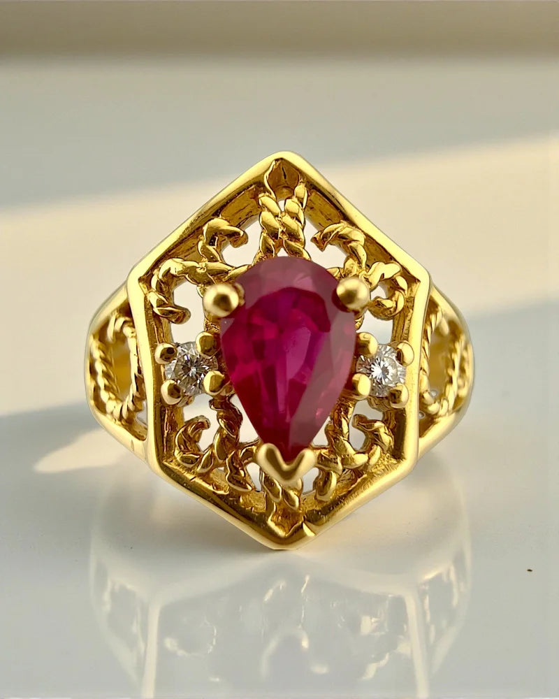 Vintage Ruby Diamond Ring in 14K Gold Filigree Ring - 14K Solid Gold - Free shipping - 1