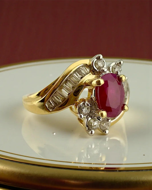 Vintage Ruby Diamond Swirl Ring | 14K Gold Cocktail Bypass Ring - 14K Solid Gold - Free shipping - 2
