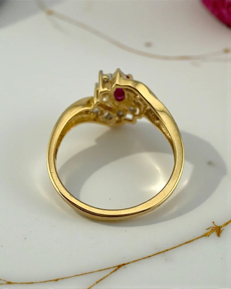 Vintage Ruby Diamond Swirl Ring | 14K Gold Cocktail Bypass Ring - Gold - 14K Solid Gold - Free shipping - 4