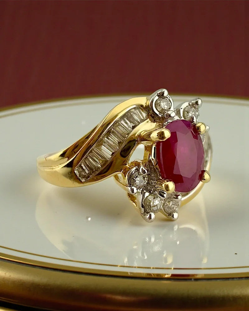 Vintage Ruby Diamond Swirl Ring | 14K Gold Cocktail Bypass Ring - Gold - 14K Solid Gold - Free shipping - 3