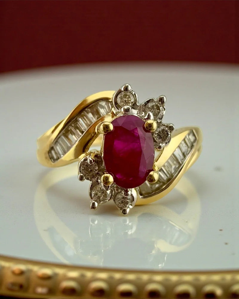 Vintage Ruby Diamond Swirl Ring | 14K Gold Cocktail Bypass Ring - Gold - 14K Solid Gold - Free shipping - 1