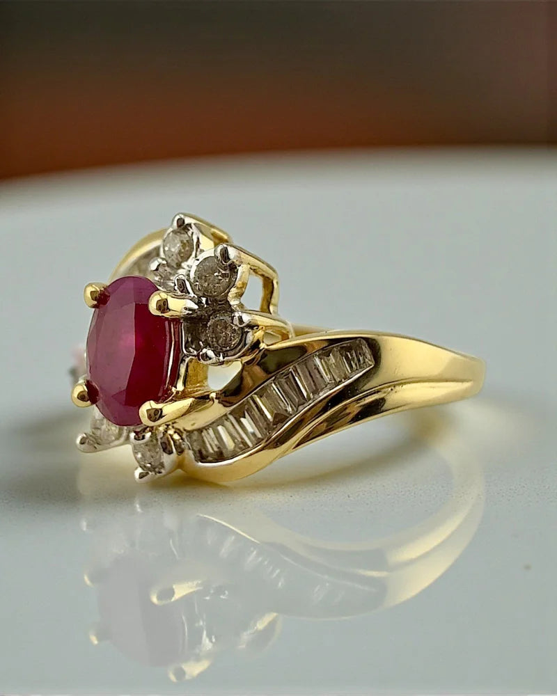 Vintage Ruby Diamond Swirl Ring | 14K Gold Cocktail Bypass Ring - Gold - 14K Solid Gold - Free shipping - 6