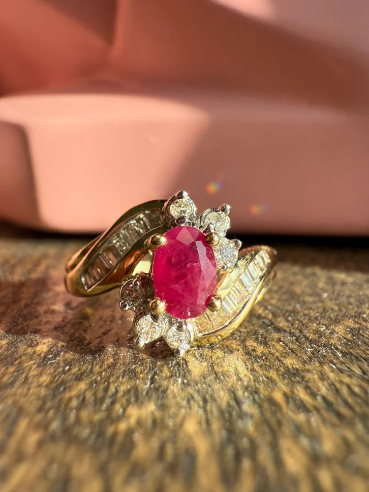 Vintage Ruby Diamond Swirl Ring | 14K Gold Cocktail Bypass Ring - Gold - 14K Solid Gold - Free shipping - 2