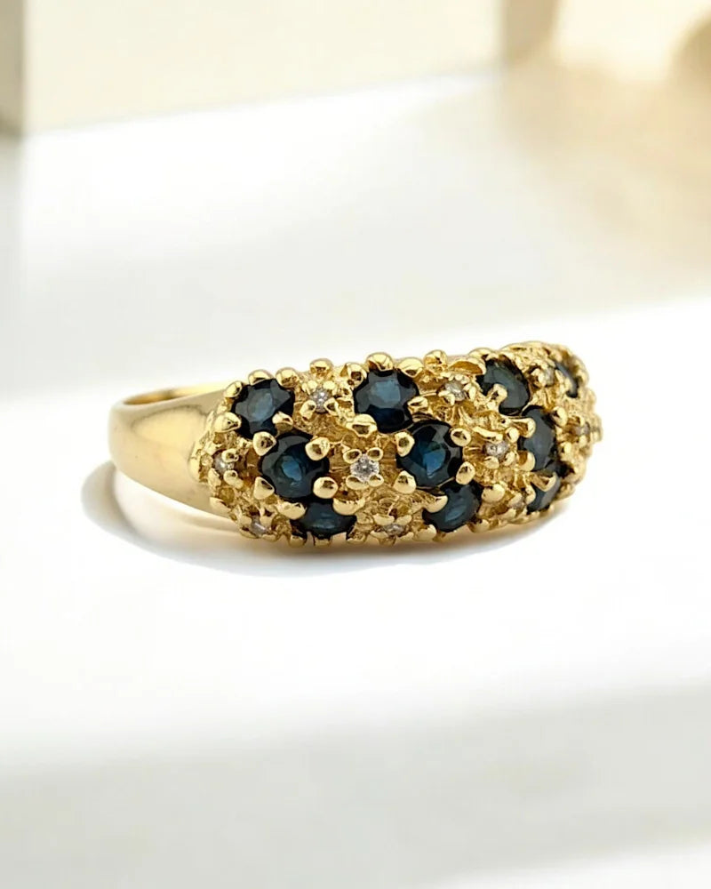 Vintage Sapphire and Diamond Dome Cluster Ring - 14K Solid Gold - Free shipping - 6