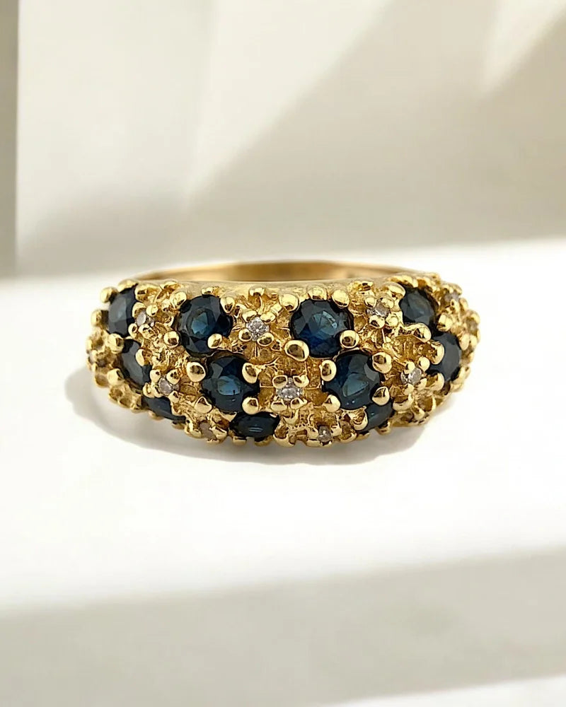 Vintage Sapphire and Diamond Dome Cluster Ring - 14K Solid Gold - Free shipping - 4