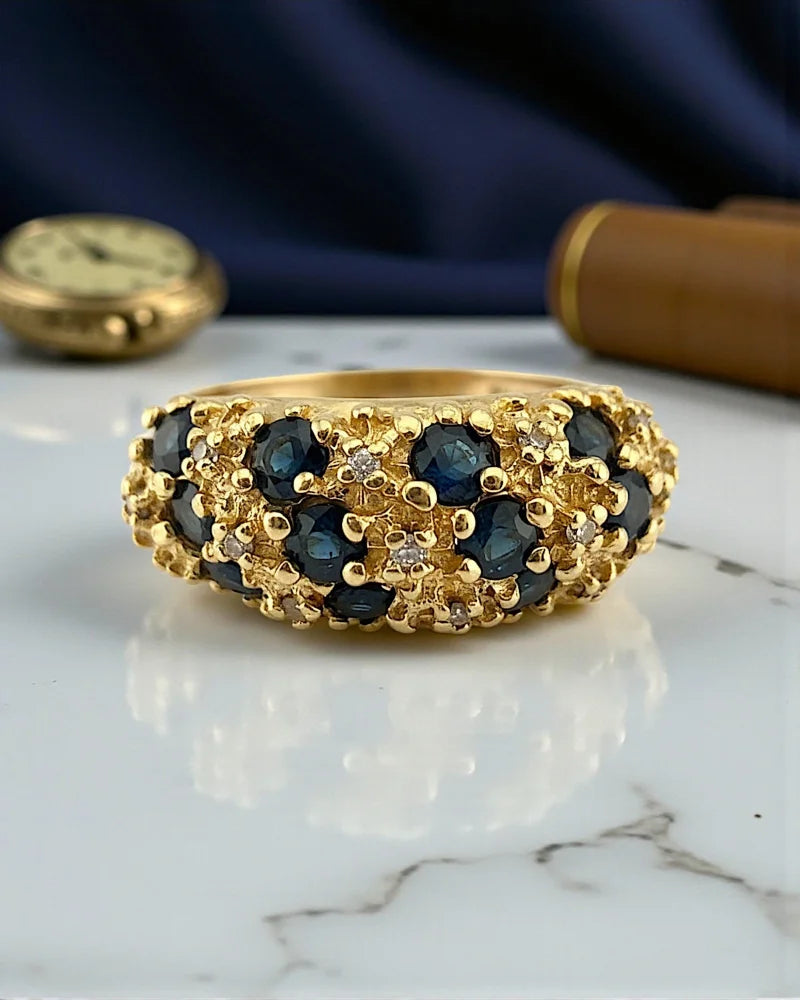 Vintage Sapphire and Diamond Dome Cluster Ring - 14K Solid Gold - Free shipping - 1