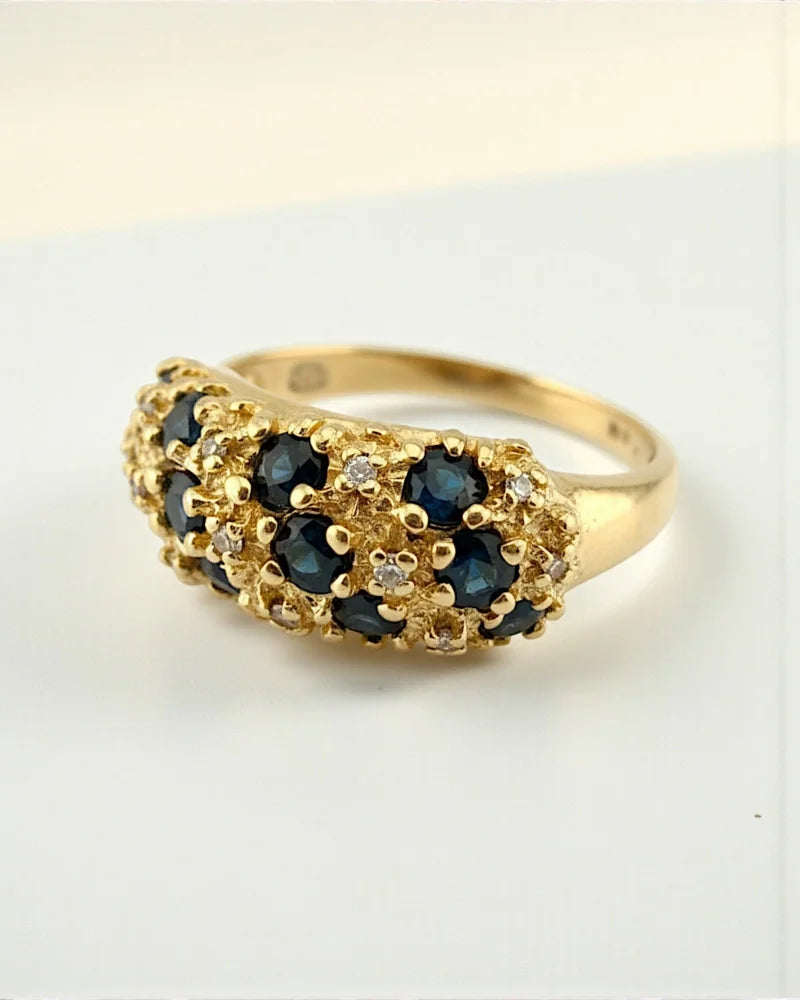 Vintage Sapphire and Diamond Dome Cluster Ring - 14K Solid Gold - Free shipping - 2