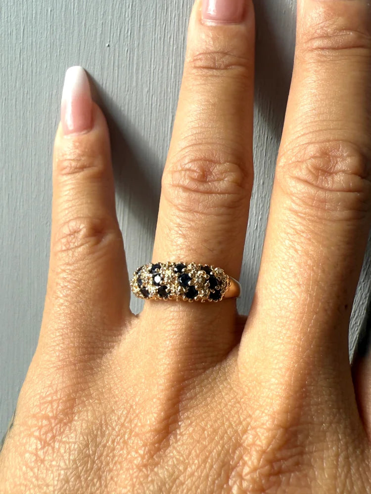 Vintage Sapphire and Diamond Dome Cluster Ring - 14K Solid Gold - Free shipping - 5