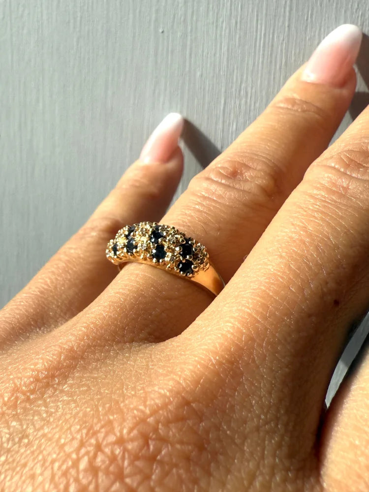 Vintage Sapphire and Diamond Dome Cluster Ring - 14K Solid Gold - Free shipping - 3