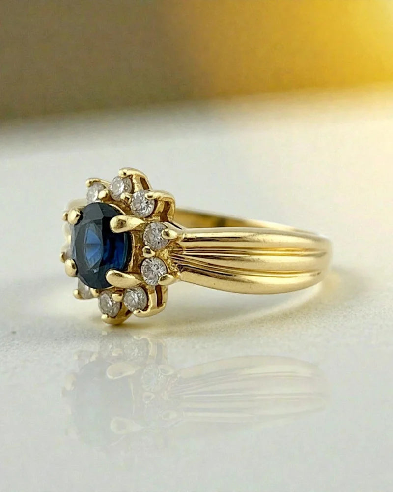 Vintage Sapphire Diamond Halo Ring | 14K Gold Cocktail Ring - Gold - 14K Solid Gold - Free shipping - 7