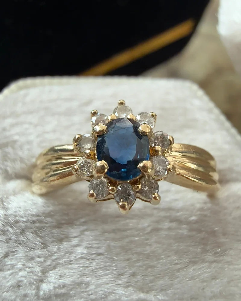 Vintage Sapphire Diamond Halo Ring | 14K Gold Cocktail Ring - Gold - 14K Solid Gold - Free shipping - 5