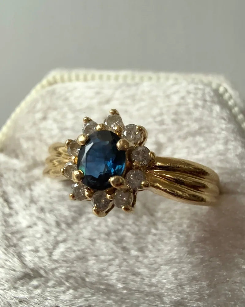 Vintage Sapphire Diamond Halo Ring | 14K Gold Cocktail Ring - Gold - 14K Solid Gold - Free shipping - 6