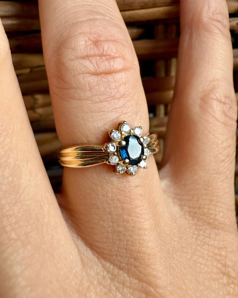 Vintage Sapphire Diamond Halo Ring | 14K Gold Cocktail Ring - Gold - 14K Solid Gold - Free shipping - 4