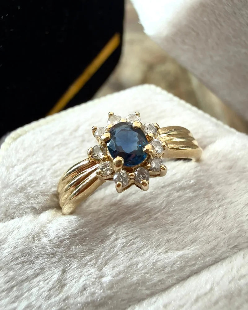 Vintage Sapphire Diamond Halo Ring | 14K Gold Cocktail Ring - Gold - 14K Solid Gold - Free shipping - 3