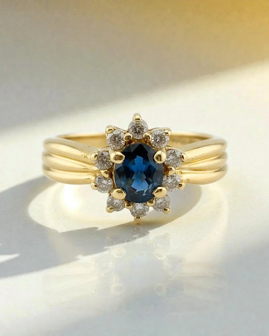 Vintage Sapphire Diamond Halo Ring | 14K Gold Cocktail Ring - 14K Solid Gold - Free shipping - 1