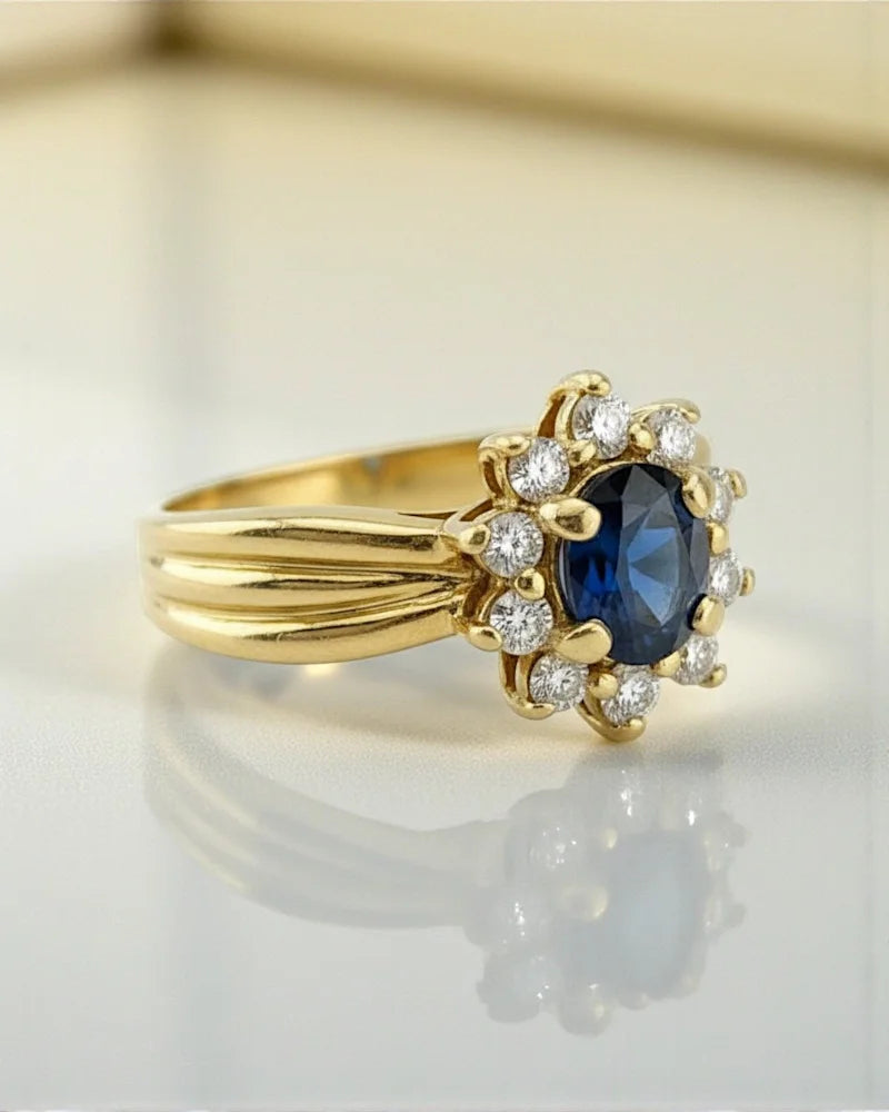 Vintage Sapphire Diamond Halo Ring | 14K Gold Cocktail Ring - Gold - 14K Solid Gold - Free shipping - 2