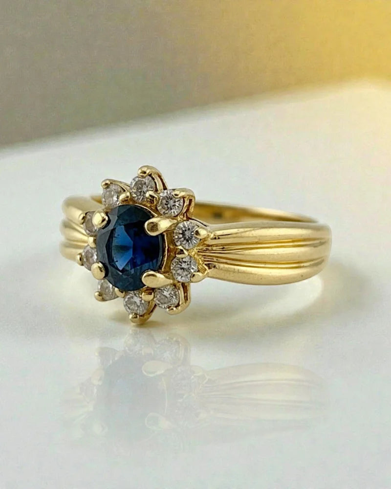 Vintage Sapphire Diamond Halo Ring | 14K Gold Cocktail Ring - Gold - 14K Solid Gold - Free shipping - 8