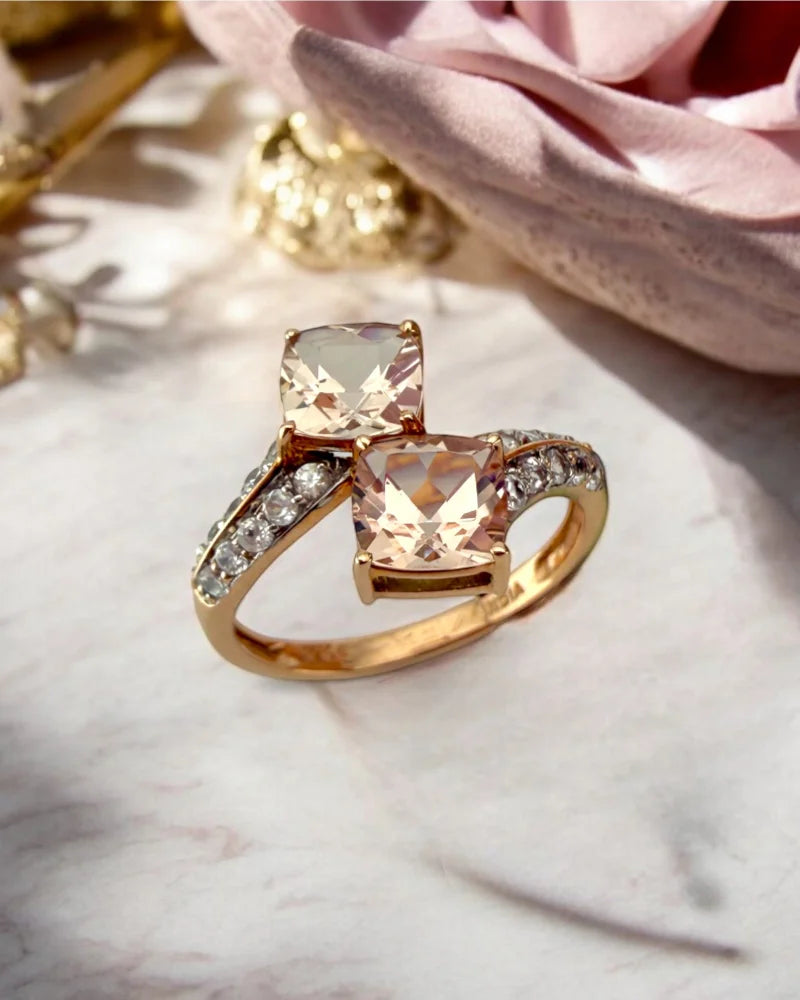 Vintage Style Double Morganite Rose Gold Bypass Ring - 10K Rose Gold - Free shipping - 1