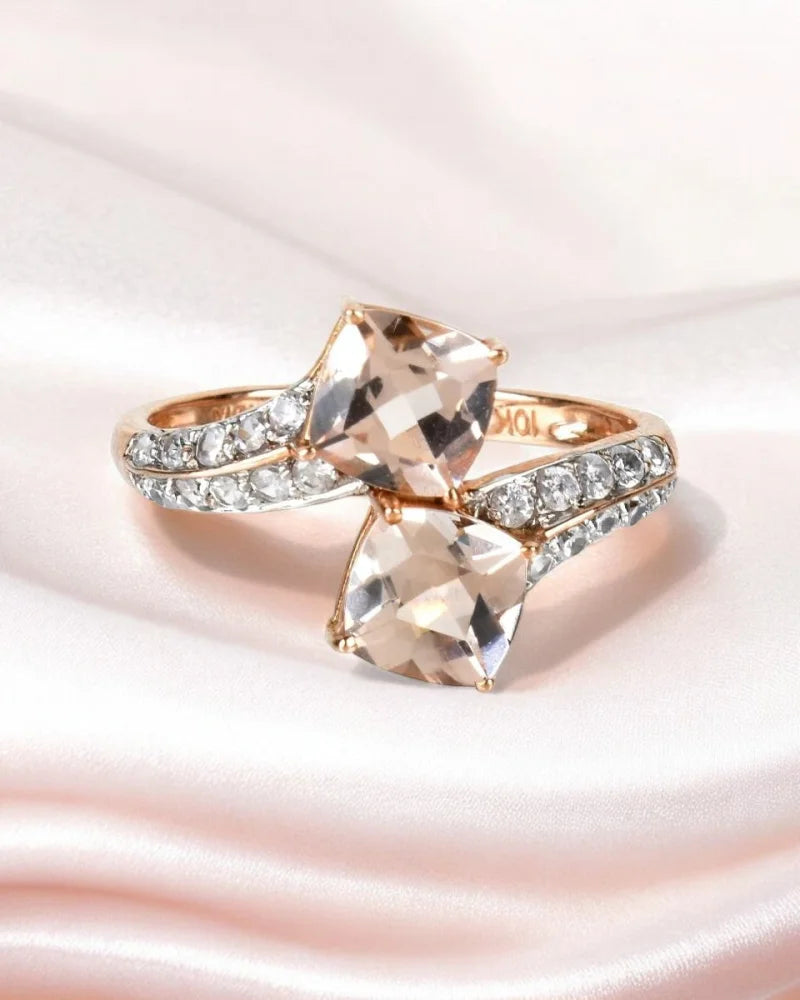 Vintage Style Double Morganite Rose Gold Bypass Ring - 10K Rose Gold - Free shipping - 2