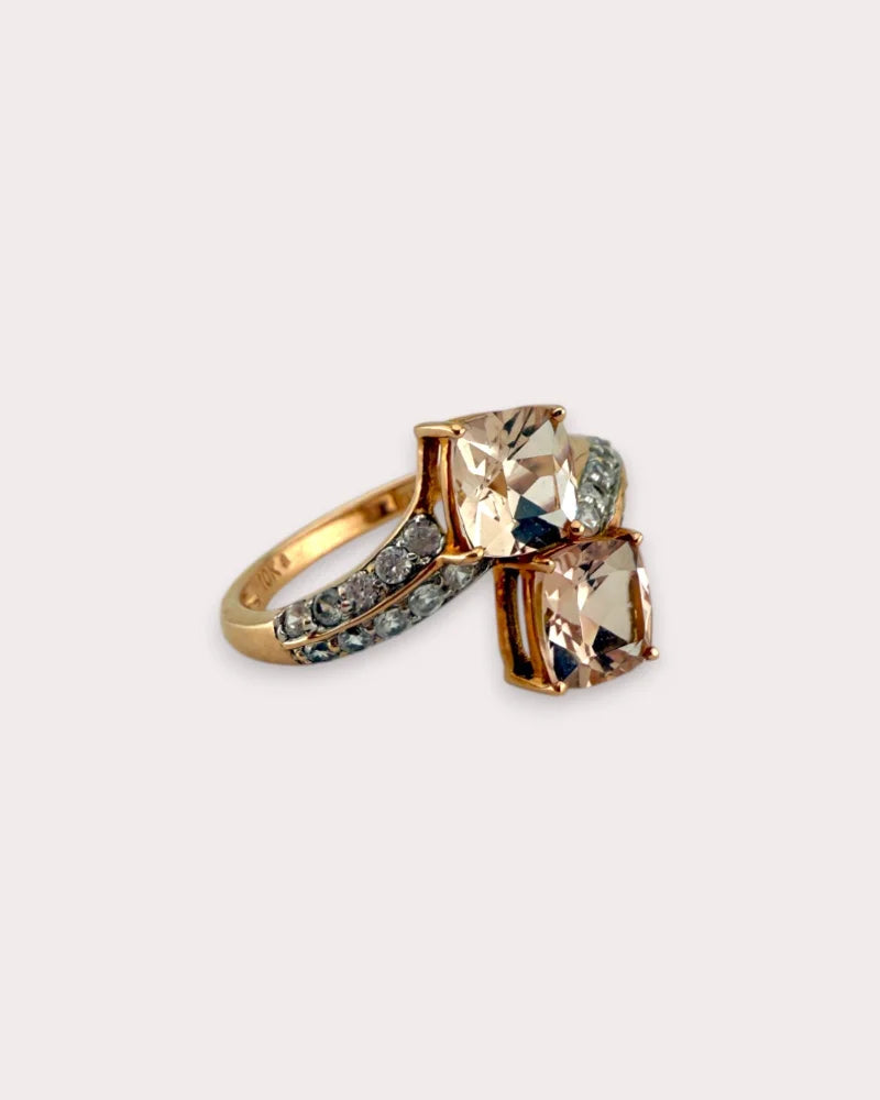 Vintage Style Double Morganite Rose Gold Bypass Ring - 10K Rose Gold - Free shipping - 7
