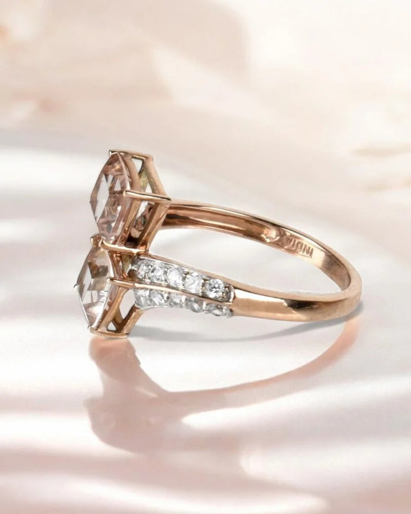 Vintage Style Double Morganite Rose Gold Bypass Ring - 10K Rose Gold - Free shipping - 3