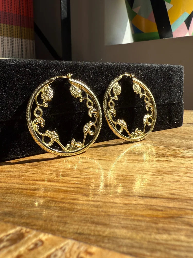 Vintage-Style Filigree Vine Hoop Earrings - SS925 14K Gold Vermeil - Free shipping - 6