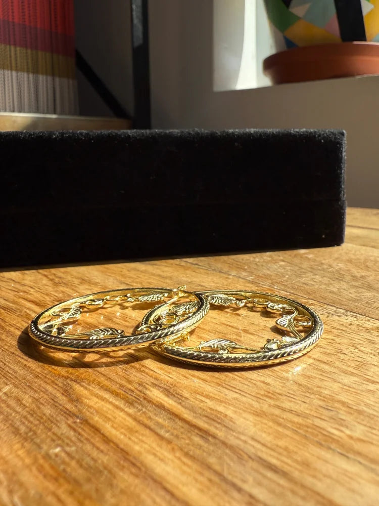 Vintage-Style Filigree Vine Hoop Earrings - SS925 14K Gold Vermeil - Free shipping - 7